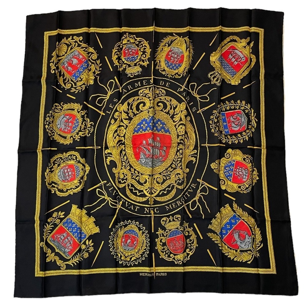Hermes Les Armes de Paris Silk Scarf Womens Black Gold Coat of Arms Authentic